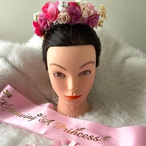 Baby shower set. Sash , Flower crown and buttons